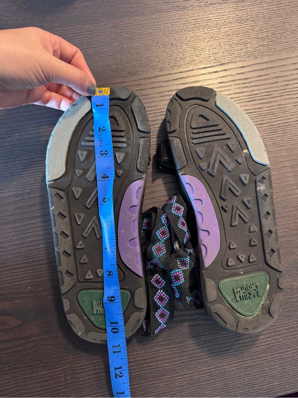Vintage Laguna Black Sandal with Pink & Teal Diamond Webbing Size 10 Gorpcore - Picture 4 of 4